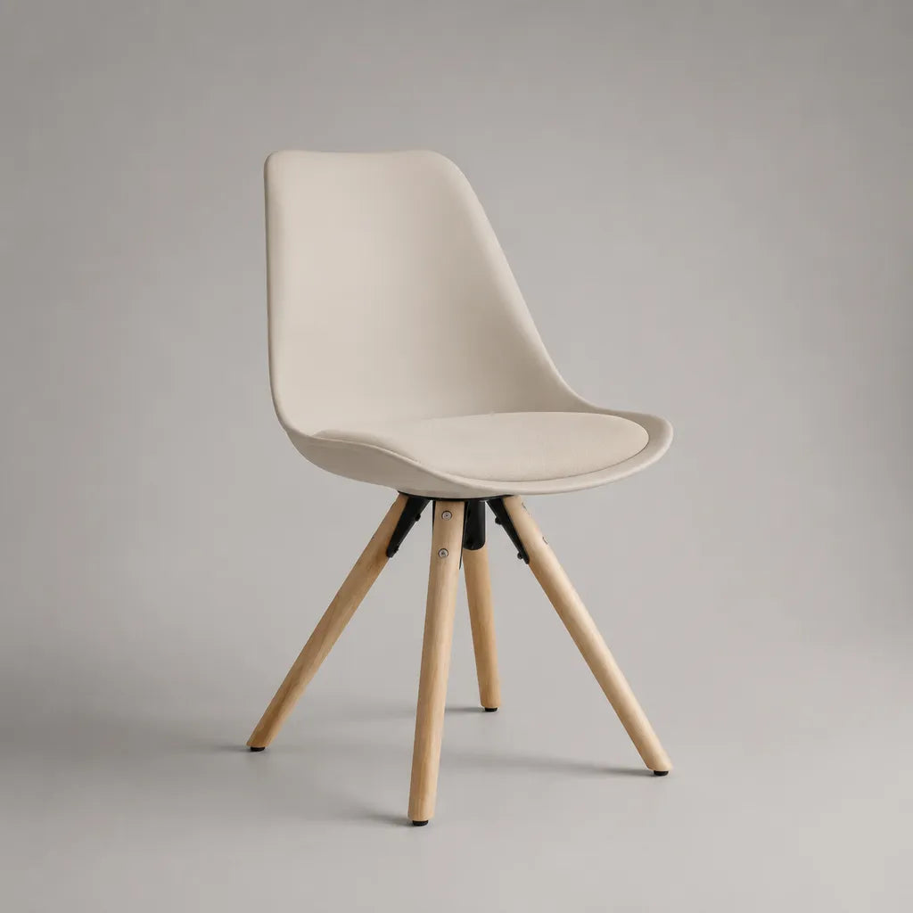 Chaise rembourrée à coque incurvée en tissu et bois, beige, brun clair et noir, 49 × 55 × 83 cm