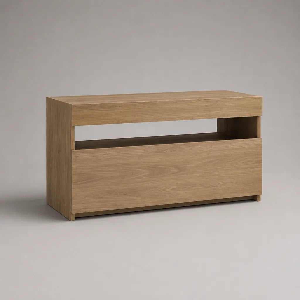 Meuble TV rectangulaire en panneaux de particules mélaminés avec niche ouverte et rangement fermé, chêne naturel, 120 × 40 × 70 cm