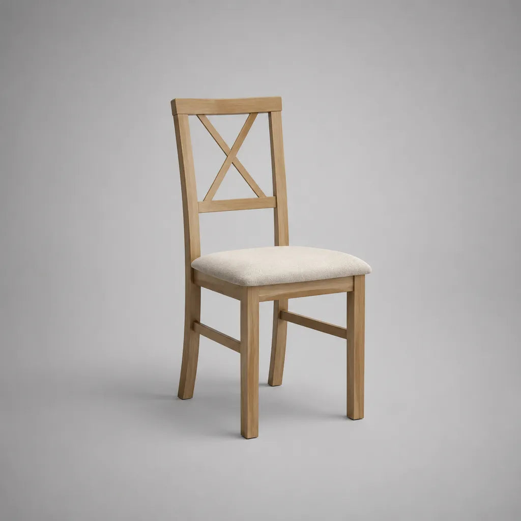 Chaise de salle à manger rembourrée en bois d’hévéa massif avec dossier croisé, bois naturel et beige, 45 × 50 × 90 cm