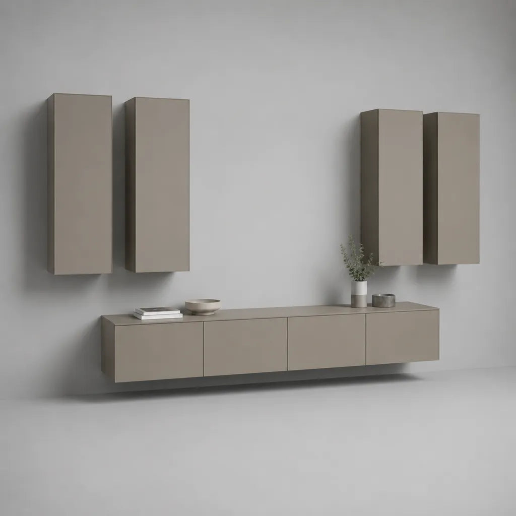 Ensemble meuble télévision mural 5 pièces en panneaux de particules mélaminés taupe – meuble bas 240 × 40 × 40 cm et 4 colonnes 40 × 30 × 100 cm
