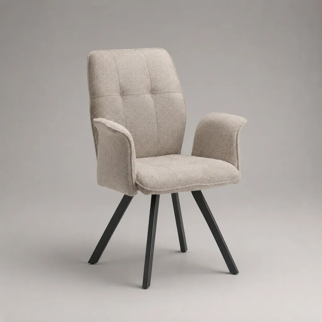 Chaise rembourrée avec accoudoirs et dossier haut, tissu bouclé beige, pieds en acier noir, 60 × 63 × 89 cm
