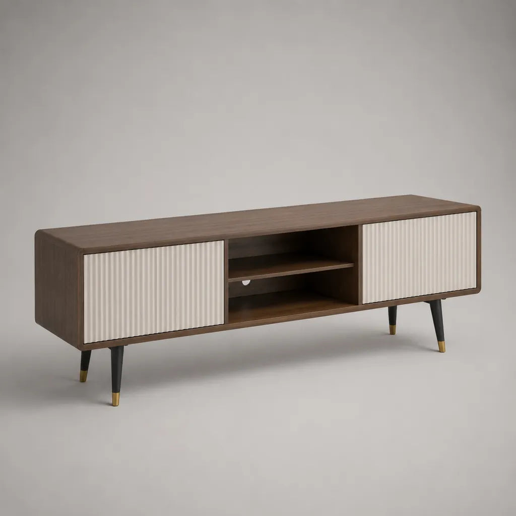 Meuble TV rectangulaire en bois et métal, marron noyer et crème, 2 portes, niches et passe-câbles, 160 x 40 x 60 cm