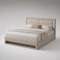 Lit coffre rembourré en velours beige avec tête de lit, couchage 160 × 200 cm