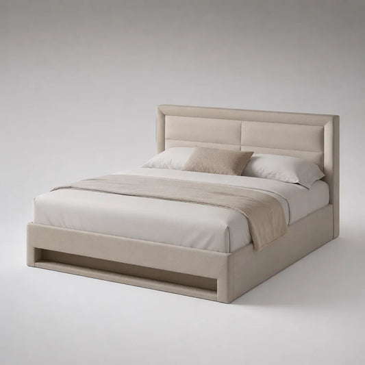 Lit coffre rembourré en velours beige avec tête de lit, couchage 160 × 200 cm