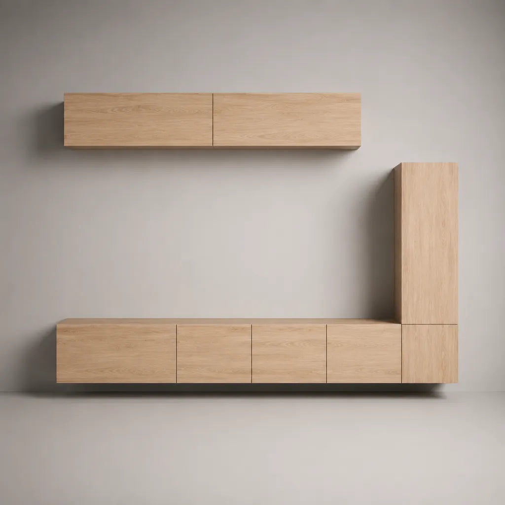 Ensemble meuble TV mural suspendu 3 pièces en panneaux de particules mélaminés, chêne clair, 280 × 42 × 180 cm