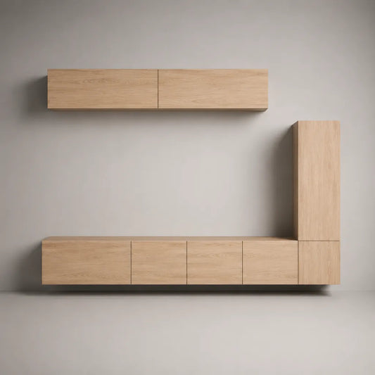 Ensemble meuble TV mural suspendu 3 pièces en panneaux de particules mélaminés, chêne clair, 280 × 42 × 180 cm