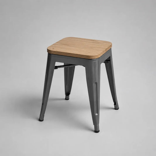 Tabouret bas en acier avec assise carrée en bois, gris anthracite et naturel, 40 × 40 × 45 cm