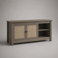 Meuble TV rectangulaire en MDF effet chêne avec cannage en rotin, 2 portes et 2 niches, gris taupe, 140 × 40 × 75 cm