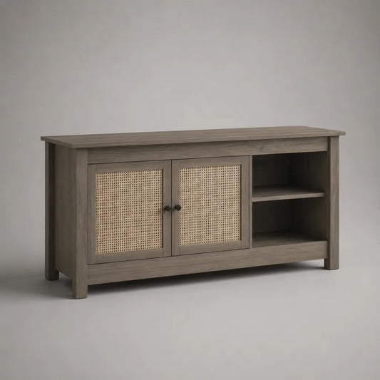 Meuble TV rectangulaire en MDF effet chêne avec cannage en rotin, 2 portes et 2 niches, gris taupe, 140 × 40 × 75 cm