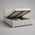 Lit coffre double rembourré beige 160 × 200 cm avec sommier relevable en métal et rangement intégré