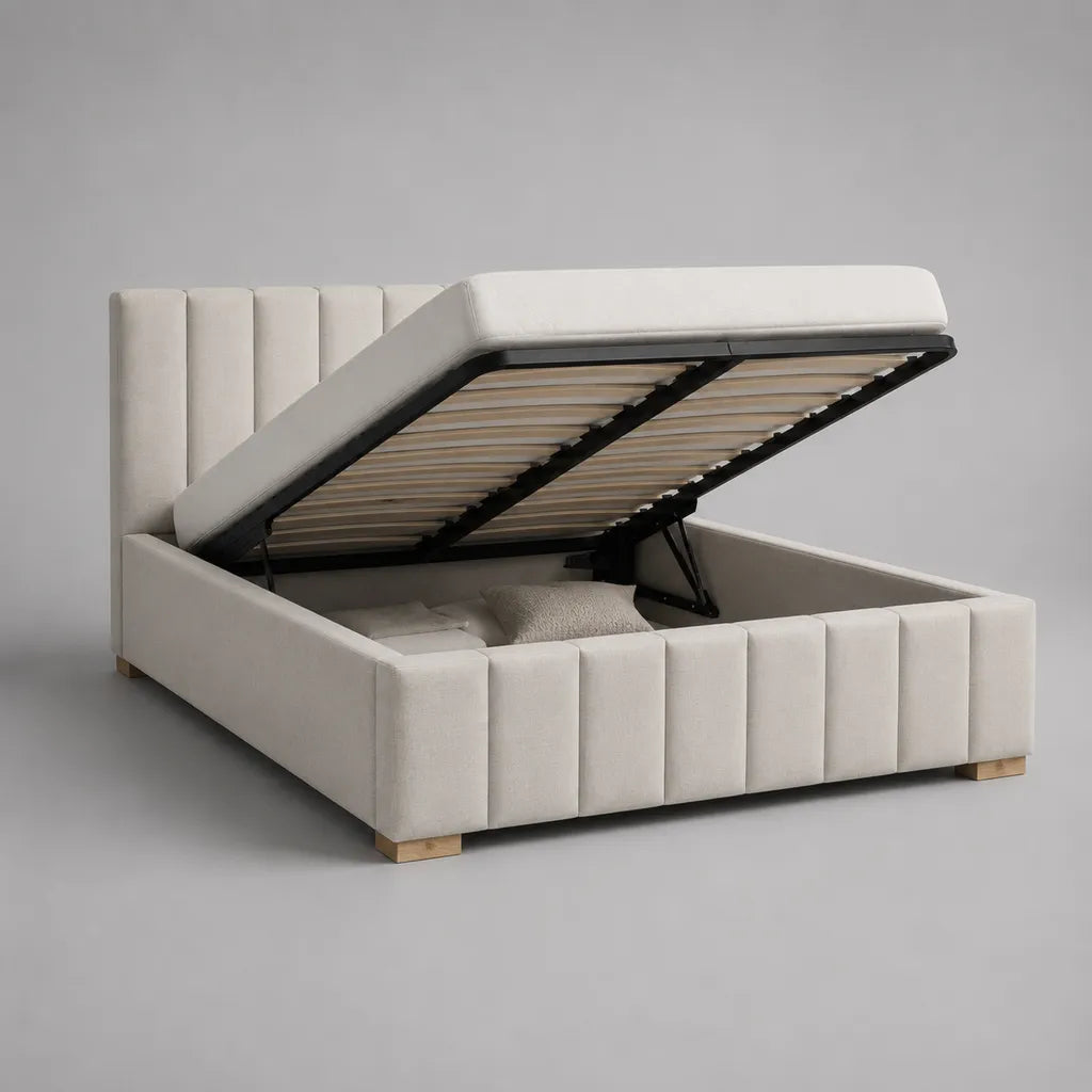 Lit coffre double rembourré beige 160 × 200 cm avec sommier relevable en métal et rangement intégré