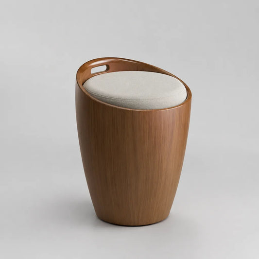 Tabouret rembourré ovale en bois avec dossier-poignée, marron noyer et beige, 46 × 43 × 60 cm