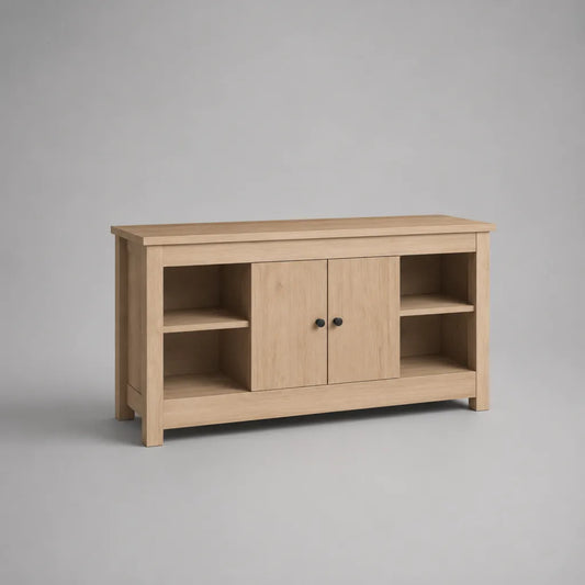 Meuble TV en panneaux de particules avec 2 portes et 4 niches, chêne clair et noir, 120 × 40 × 75 cm
