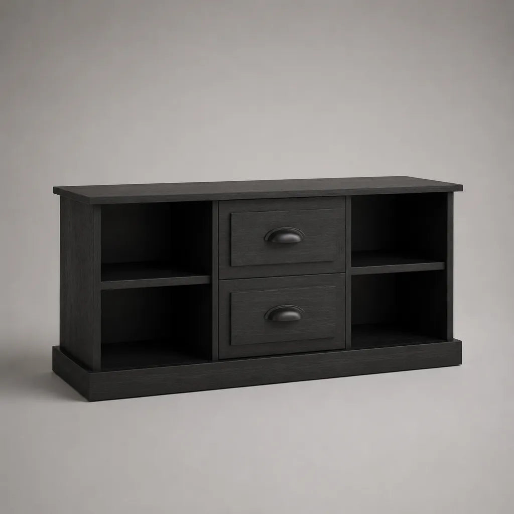 Meuble TV en MDF noir avec 2 tiroirs et 4 niches, 120 x 40 x 65 cm