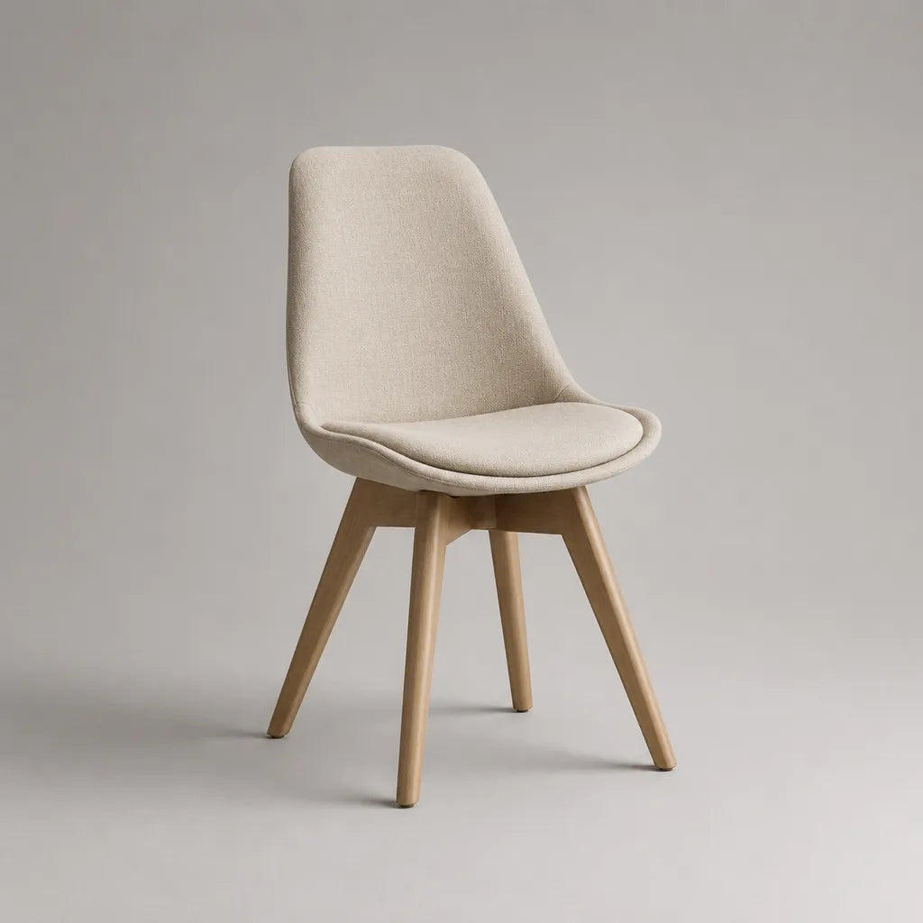 Chaise de salle à manger rembourrée en polyester beige avec pieds en hêtre massif, 49 × 55 × 84 cm