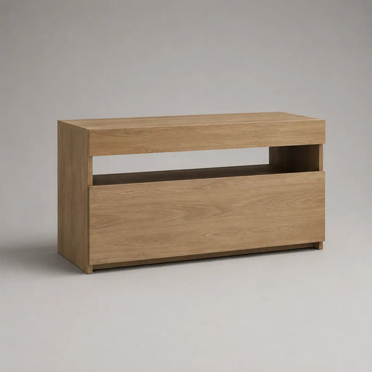 Meuble TV rectangulaire en panneaux de particules mélaminés avec niche ouverte et rangement fermé, chêne naturel, 120 × 40 × 70 cm