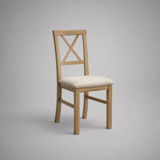 Chaise de salle à manger rembourrée en bois d’hévéa massif avec dossier croisé, bois naturel et beige, 45 × 50 × 90 cm