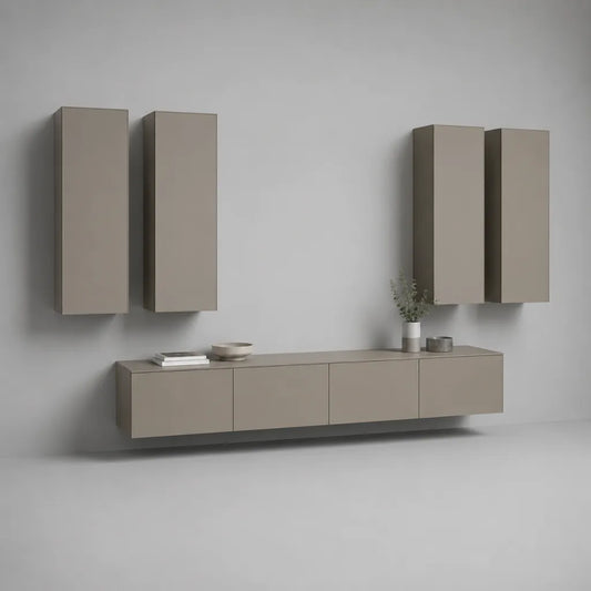 Ensemble meuble télévision mural 5 pièces en panneaux de particules mélaminés taupe – meuble bas 240 × 40 × 40 cm et 4 colonnes 40 × 30 × 100 cm