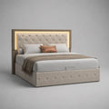 Lit coffre double avec tête de lit LED capitonnée en velours polyester beige et taupe, couchage 160 × 200 cm, dimensions 216 × 174 × 140 cm