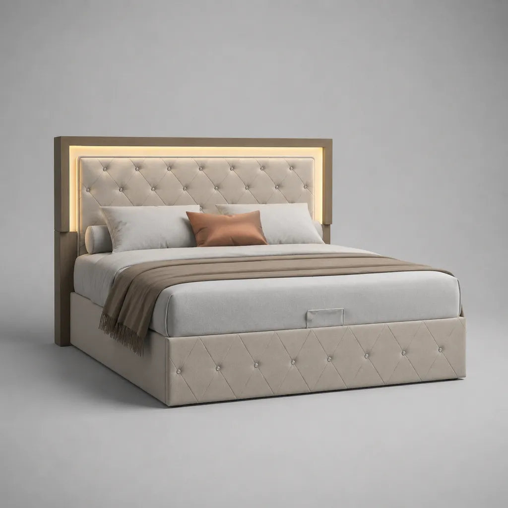 Lit coffre double avec tête de lit LED capitonnée en velours polyester beige et taupe, couchage 160 × 200 cm, dimensions 216 × 174 × 140 cm