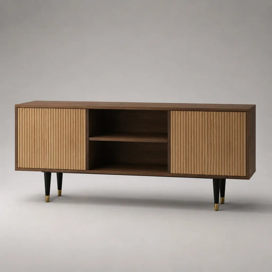 Meuble TV rectangulaire en bois et métal avec 2 portes rainurées et 2 niches, marron noyer, bois naturel, noir et laiton, 160 × 40 × 75 cm