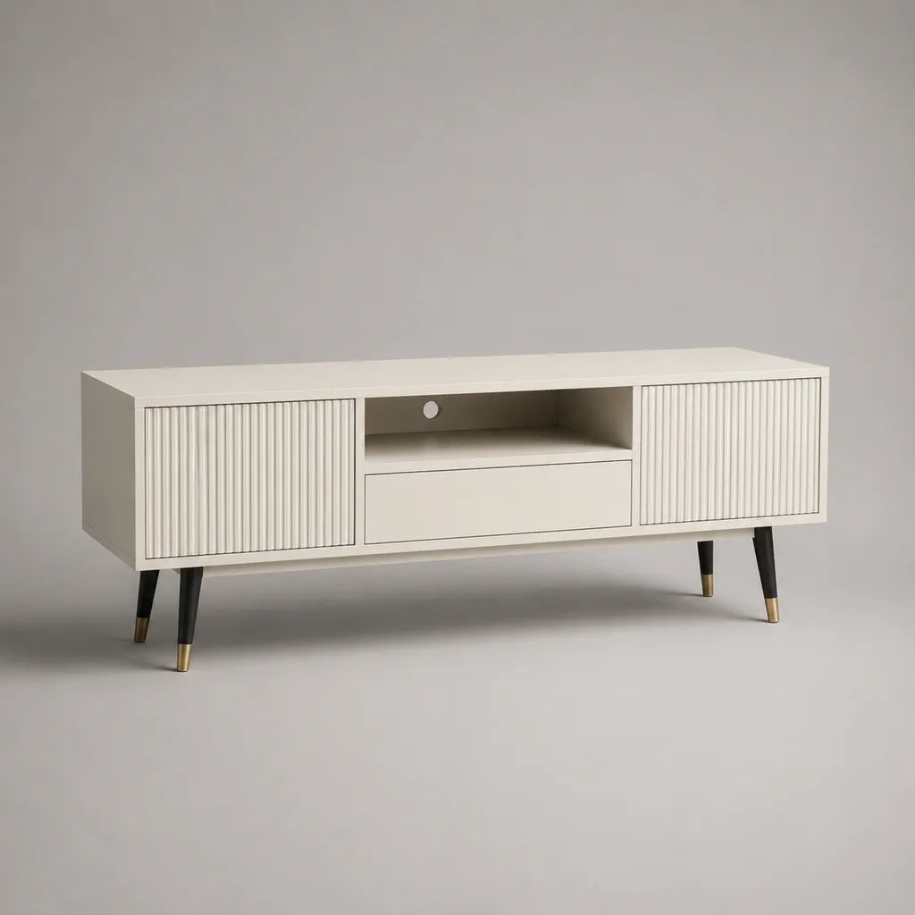 Meuble TV rectangulaire en panneaux de particules et MDF blanc cassé, 2 portes, 1 tiroir et 1 niche, 140 × 40 × 60 cm