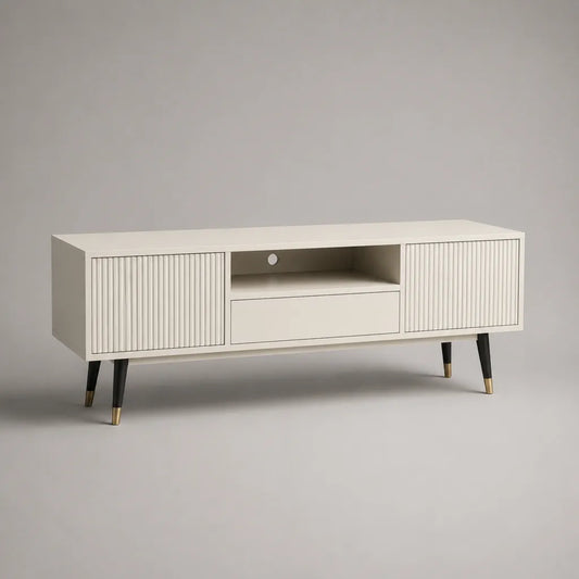 Meuble TV rectangulaire en panneaux de particules et MDF blanc cassé, 2 portes, 1 tiroir et 1 niche, 140 × 40 × 60 cm