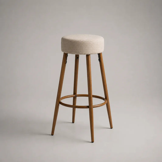 Tabouret de bar rond rembourré en hévéa massif et polyester, beige et brun, 44 × 44 × 76 cm