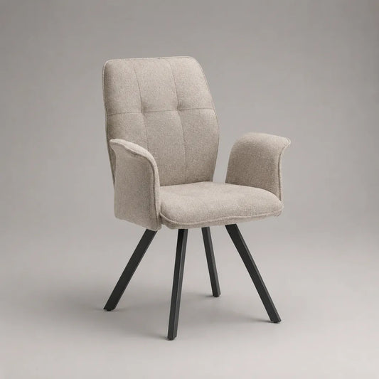 Chaise rembourrée avec accoudoirs et dossier haut, tissu bouclé beige, pieds en acier noir, 60 × 63 × 89 cm